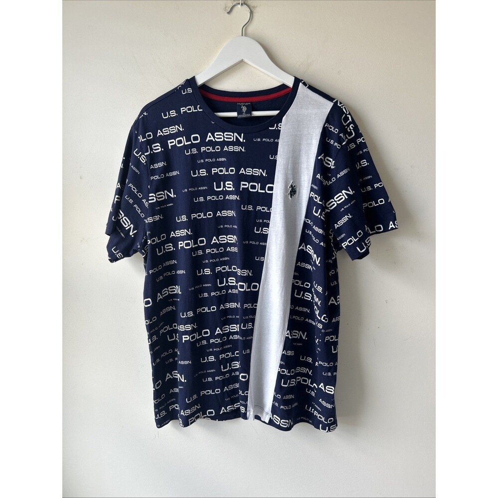 U.S. Polo Assn Men’s XL Blue White T-Shirt Colorblock All Over Wordmark Graphic